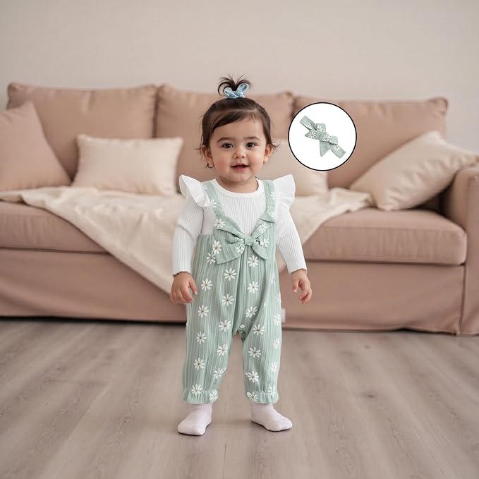Newborn Baby Girl Clothes Ruffle Sleeve Jumpsuit Corduroy Floral - Image 2