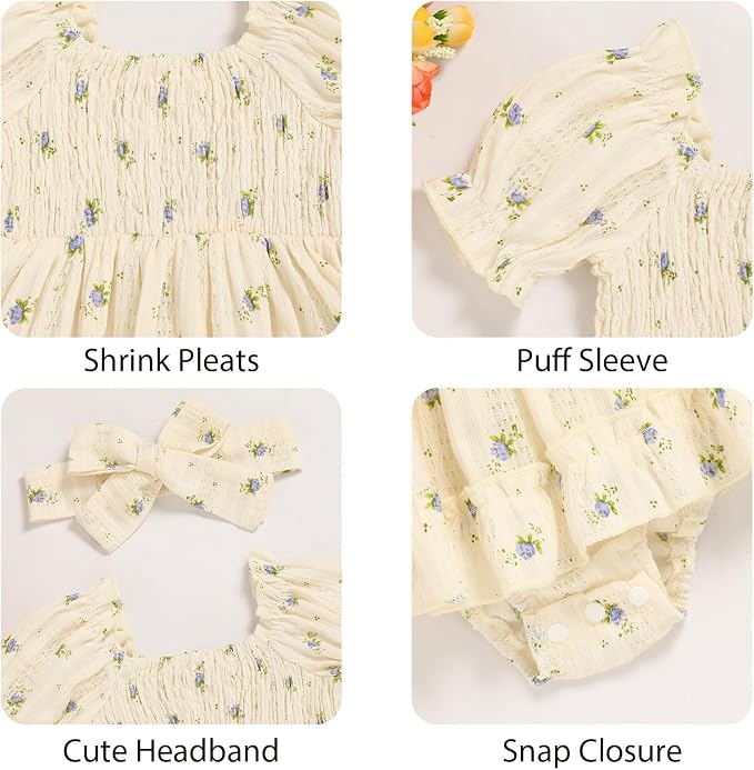 GRNSHTS Baby Girl Romper Dress, Puff Sleeve Smocked Outfit - Image 5