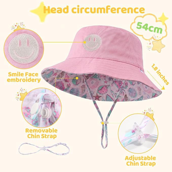 Toddler Hat Reversible Bucket Hat Happy Face Sun Hat Adjustable Chin Strap - Image 4