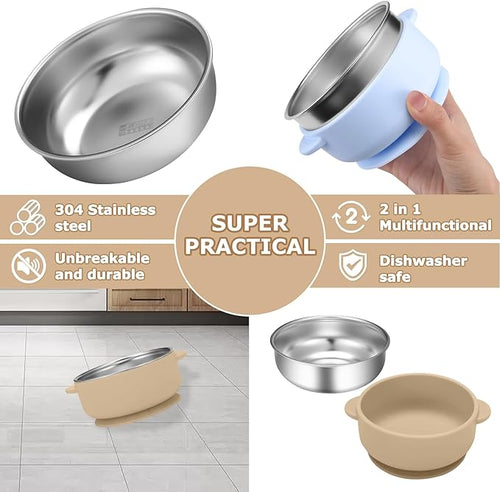 2 Pack Stainless Steel Baby Bowls with Removable Non-Slip Silicone Suction Shell, Anti Scald Food Container for Baby Food Feeding-Skyblue & Cream