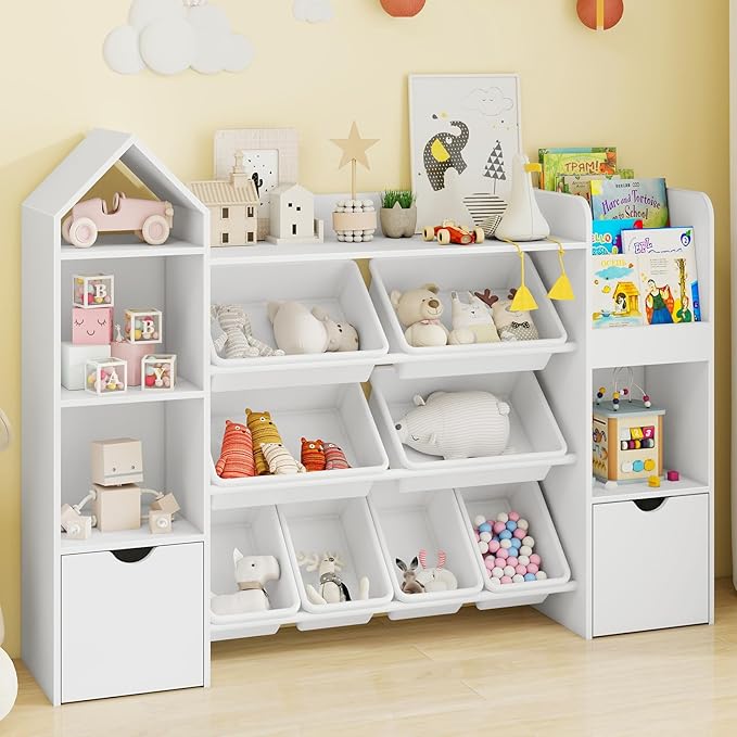 Vabches Kids Toy Organizer with 8 Removable Toy Bins, 4-Tier Toy Storage Organizers W/4 Storage Cubbies, Bookshelf 2 Toy Storage Box on Wheels for Playroom, Kids Room, Nursery Room, White