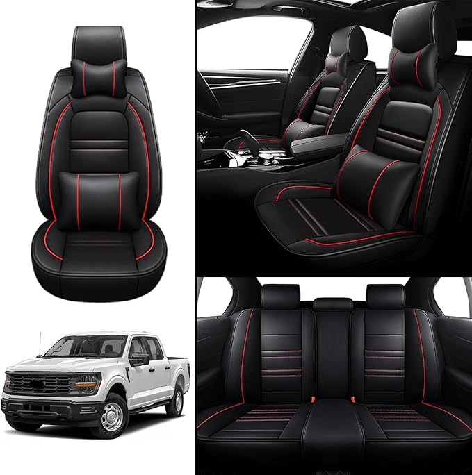 Car Seat Covers for Ford f150 2003-2025 | 5-Seats Seat Covers, Waterproof Seat Protectors, Automotive Seat Covers (Full Set with Pillow,Black&Red Line)
