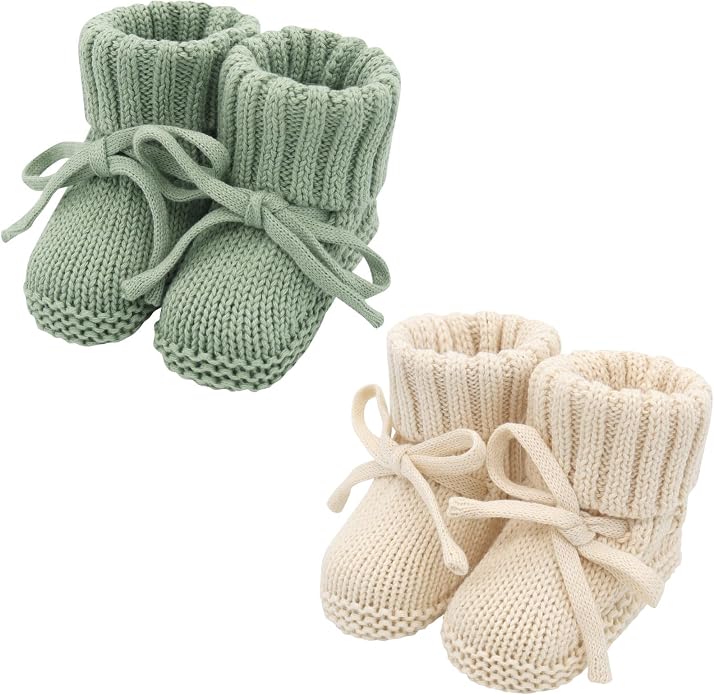 LifeTree Baby Knit Booties-2 Pairs, Cozy Cotton Handmade Crochet Baby Shoes by LifeTree
