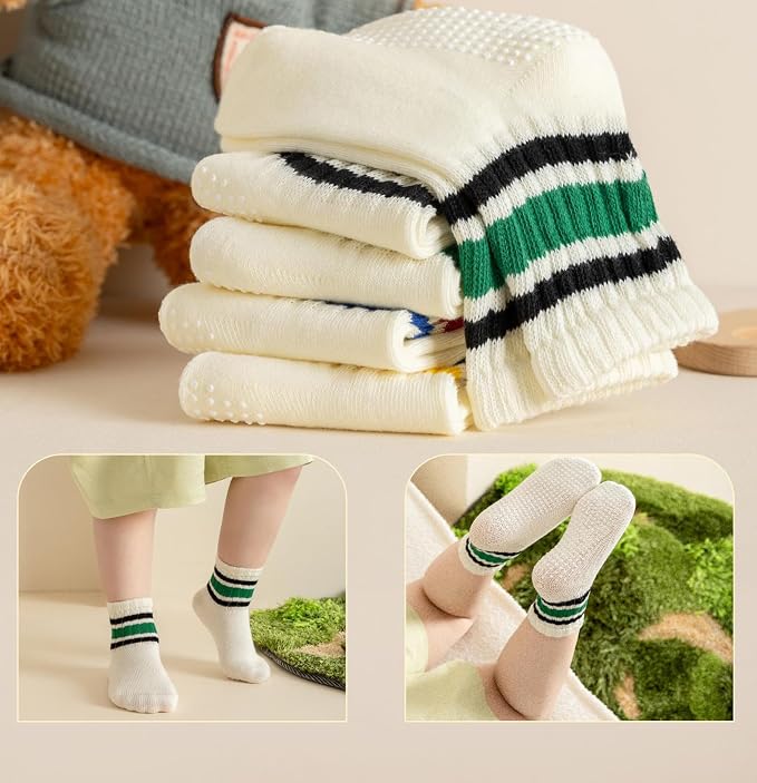 Toddler Grip Socks with Non-Slip Unisex Baby Stripe Crew Cotton Socks | Retro - Image 6