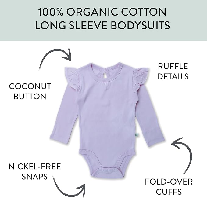 HonestBaby Baby Girls' 5-pack Long Sleeve Ruffle Shoulder Bodysuits 100% - Image 2