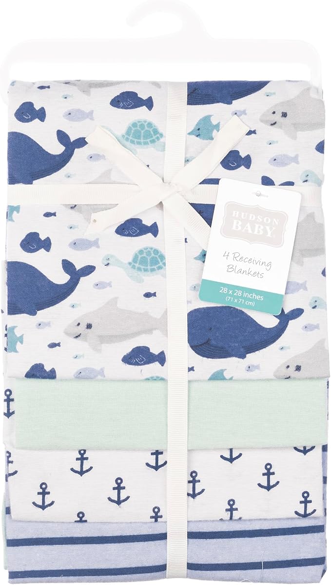 Hudson Baby Cotton Flannel Receiving Blankets 4-Pack, Sea Friends, One Size - Image 2