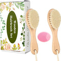 Wooden Baby Hair Brush and Comb Set, 2Pcs Natural Soft Goat Bristles Brush with Baby Shower Scrubber Perfect Scalp Grooming Product for Newborn, Toddler, Infant (Pink)