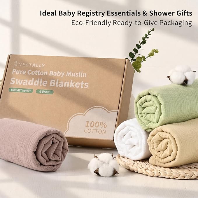 NESTALLY Cocoon Muslin Swaddle Blankets 4 Pack, Sage Green & Neutral | 100% - Image 3