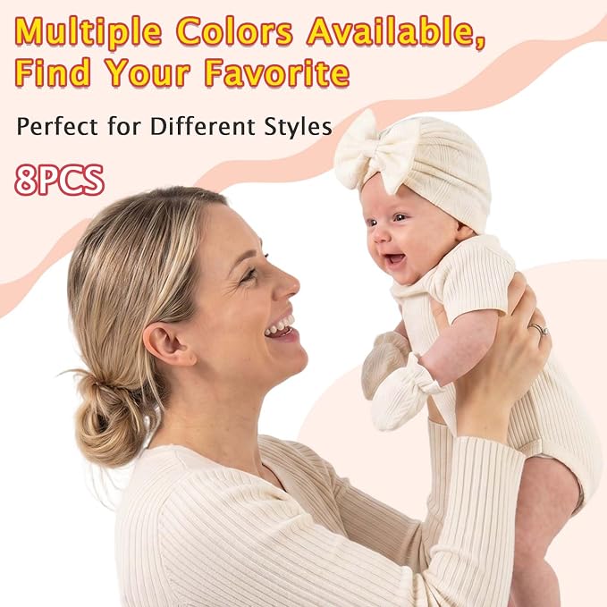 8 Sets Newborn Baby Girl Bow Hats and Mittens Turban Beanies 0-3M | Cotton - Image 5