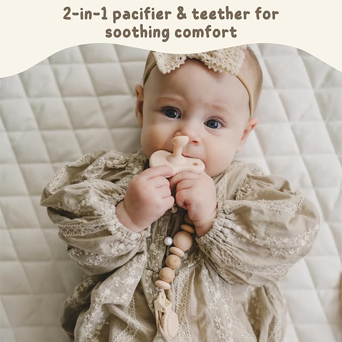 Mila & Lulu Round Silicone Pacifiers (Set of 2) – 100% Food-Grade, One-Piece Design, Soft Round Nipple, Airflow Shield, Multi-Use Pacifier & Teether for Newborns and Infants 0+ Months - Beige/Hazel