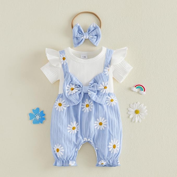 YINGISFITM Newborn Baby Girl Summer Clothes Short Sleeve Bubble Romper Bow - Image 5