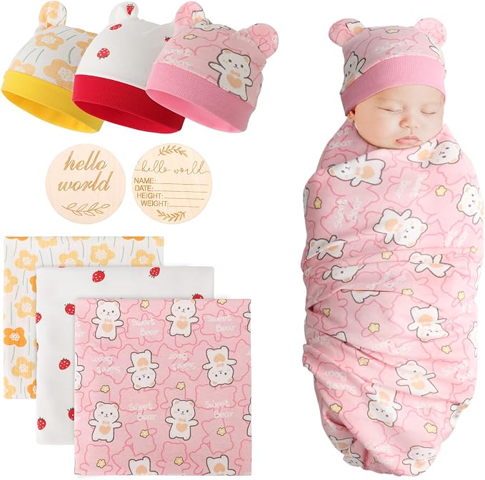 DRESHOW BQUBO Cotton Baby Swaddle Hat Set Newborn Infant Receiving Blankets by DRESHOW