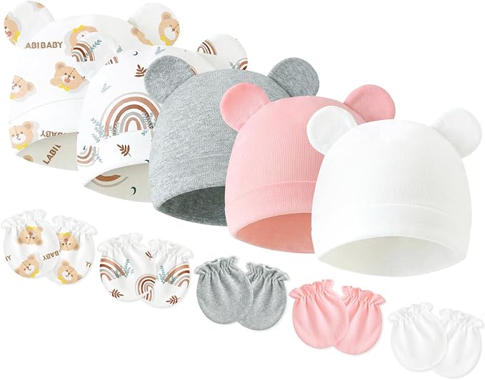 Newborn Baby Hats and Mittens Set, Cotton Infant Baby Boy Girl Bear Ears Caps by Stadupimry