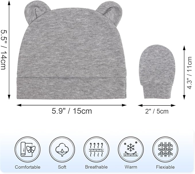 BQUBO Newborn Baby Bear Ears Hats and Mittens Sets Preemie Cotton Caps Baby Boy - Image 5