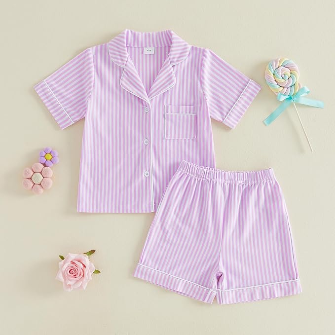 FULA-bao Toddler Baby Boy Girl Cotton Pajamas Set Striped Short Sleeve Button - Image 3