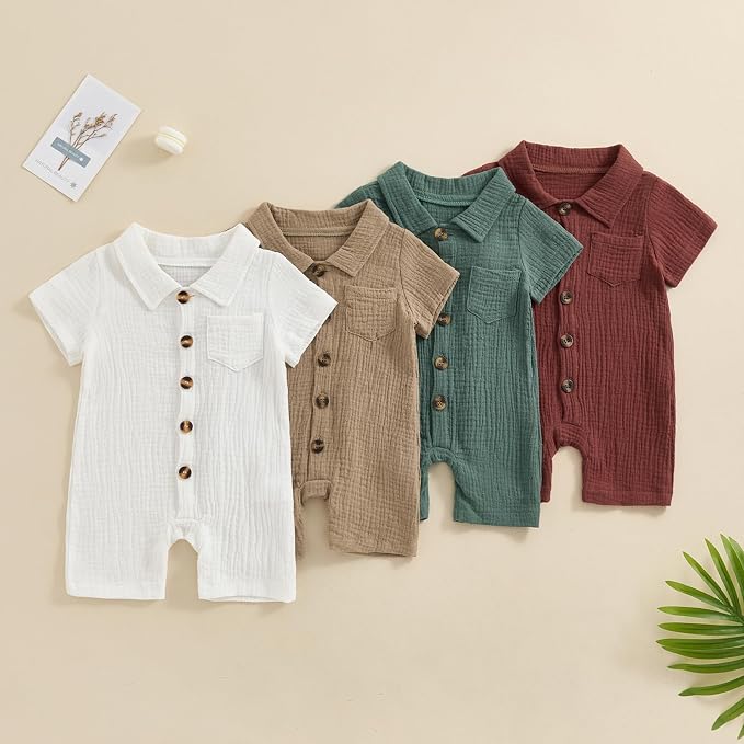 Honganda Summer Baby Boy Cotton Linen Jumpsuit Short Sleeve Button Down - Image 7