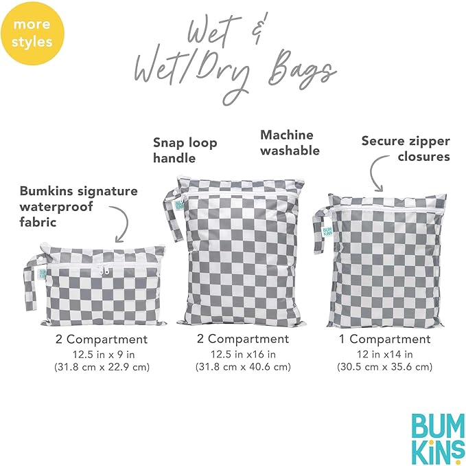 Bumkins - Waterproof Wet Bag, Wet/Dry Clutch & Clear Travel Bags - For Beach, Baby, Travel, Cloth Diapers, Pump Parts, Pool, Gym, Toiletries - Reusable & Easy to Clean - Lunar Gray - 5 Pack