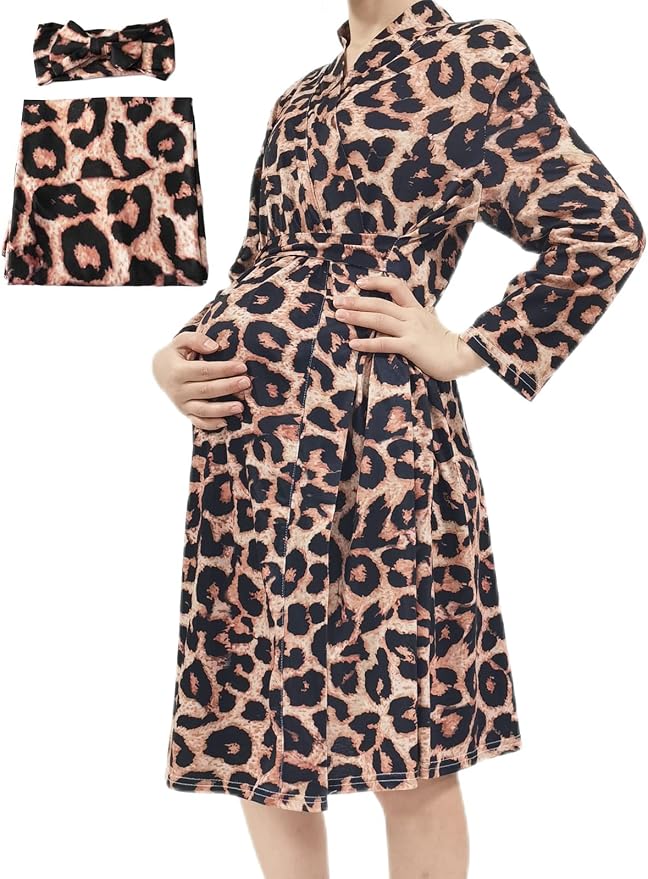 SUFEINI Maternity Robe and Matching Baby Swaddle Blanket Set, Mommy Robe by SUFEINI
