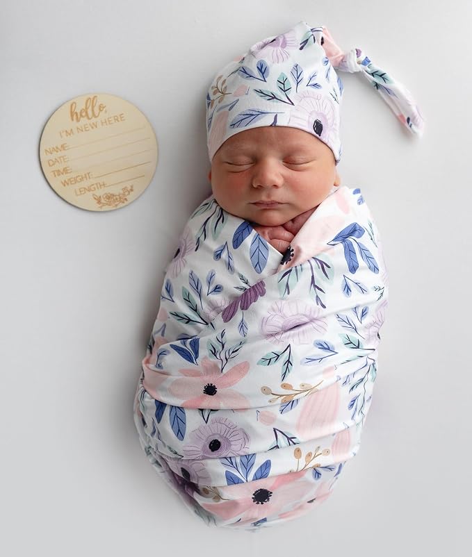 Newborn Baby Swaddle Set Headband Beanie and Name Card - Image 2