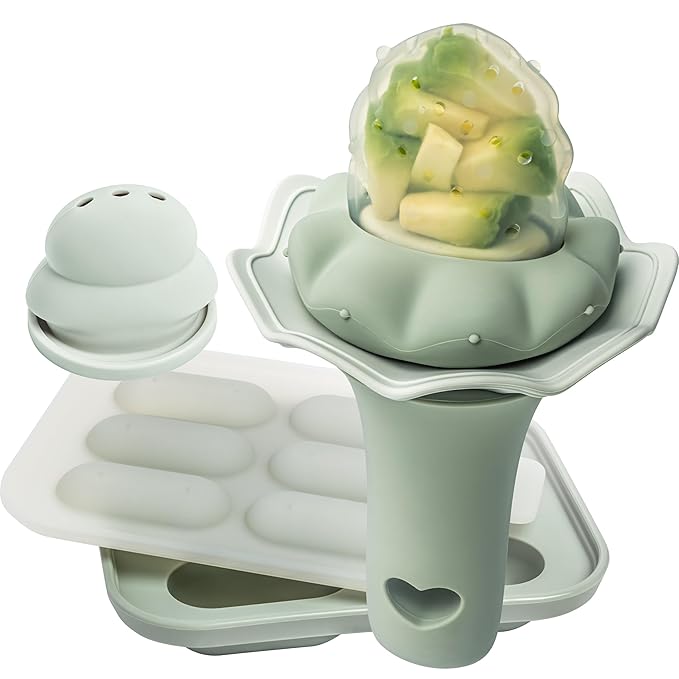 Moonkie Baby Fruit Feeder with Freezer Tray, BPA Free Silicone Food Feeder for Infant Self Feeding, Breastmilk Popsicle Molds, Mesh Feeder with Two Pouches, Baby Shower Gifts 4 Months+, 1 Pack