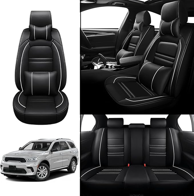 Car Seat Covers for Dodge Durango 2004-2025 | 5-Seats Seat Covers, Waterproof Seat Protectors, Automotive Seat Covers (Full Set with Pillow,Black&White Line)