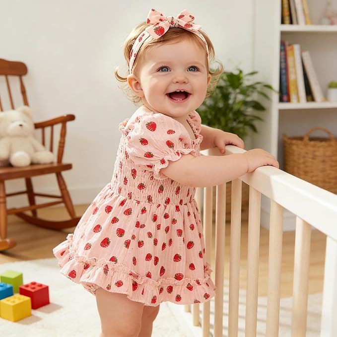GRNSHTS Baby Girl Romper Dress, Puff Sleeve Smocked Outfit - Image 4