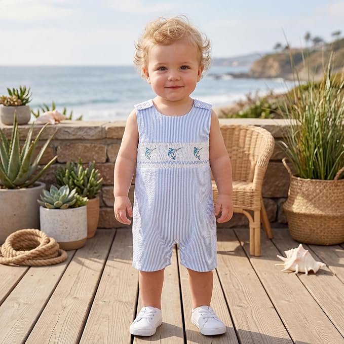 Newborn Baby Boys Sleeveless Seersucker Romper One Piece Straps Overalls - Image 7