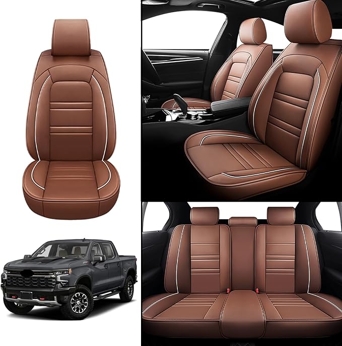 Seat Covers for Chevy Silverado 1500 2007-2025 | 5-Seats Leather Seat Covers, Easy to Install Automotive Seat Covers Full Set (Full Set, Coffee)