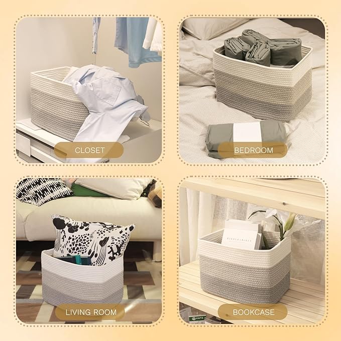 Hopegiver 3 Pack Storage Baskets for Organizing with Handle, Woven Baskets for Shelves - Durable Gift Basket for Cloth Toy Baby, Cotton Rope Basket for Dog Cat, 15x11x10 Inch(White&Light-Gray&Gray)