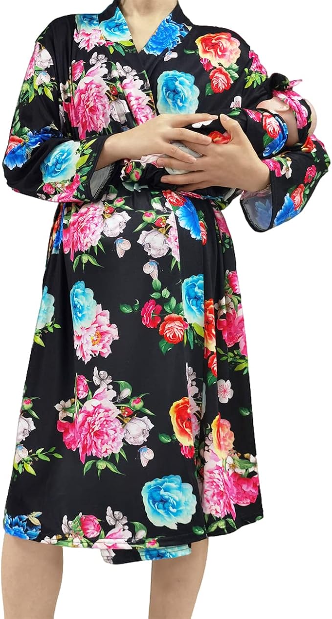 SUFEINI Maternity Robe and Matching Baby Swaddle Blanket Set, Mommy Robe - Image 3