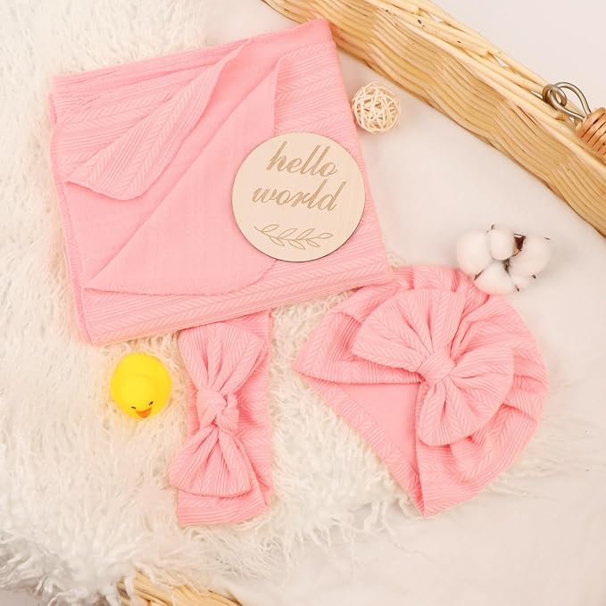 AQOKKA Newborn Receiving Blanket Wheat Ear Bow Hat Hairband Set - Image 2