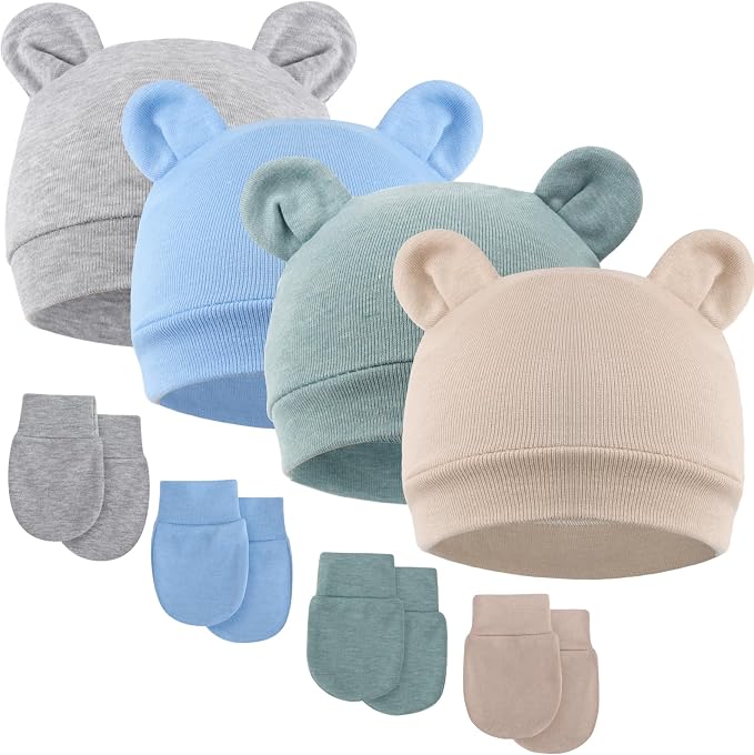 BQUBO Newborn Baby Bear Ears Hats and Mittens Sets Preemie Cotton Caps Baby Boy by DRESHOW