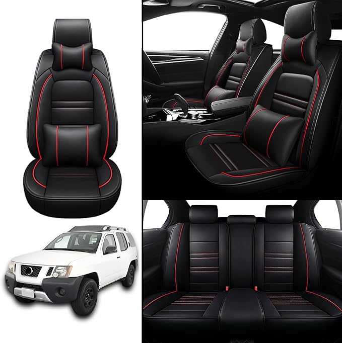 Car Seat Covers for Nissan Car Xterra 2000-2015 | 5-Seats Seat Covers, Waterproof Seat Protectors, Automotive Seat Covers (Full Set with Pillow,Black&Red Line)