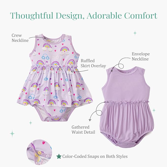 PATPAT Baby Girl Bamboo Viscose 2-Pack Romper & Dress | Color-Coded Snaps - Image 5