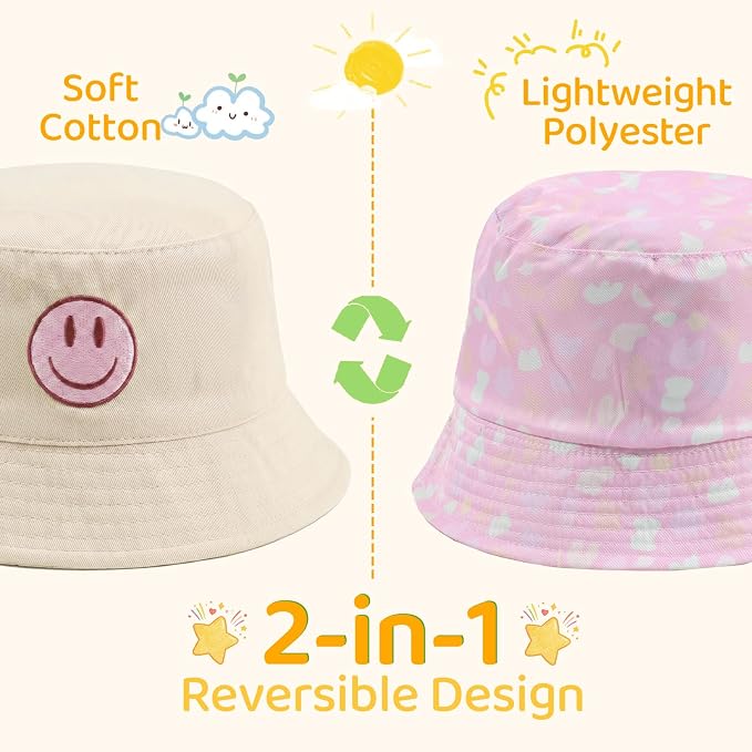 Toddler Hat Reversible Bucket Hat Happy Face Sun Hat Adjustable Chin Strap - Image 3