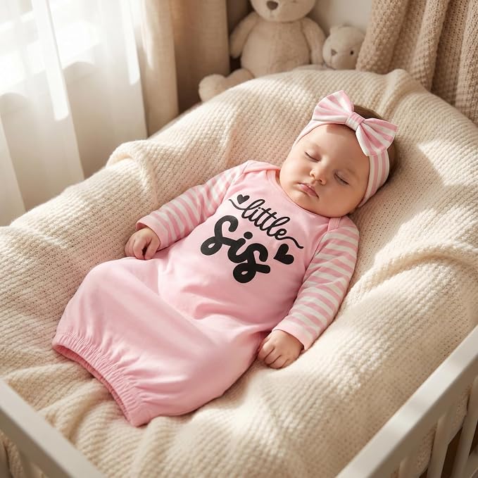AMAWMW Newborn Baby Girl Little Sister Sleeper Gown Stripe Long Sleeve - Image 3