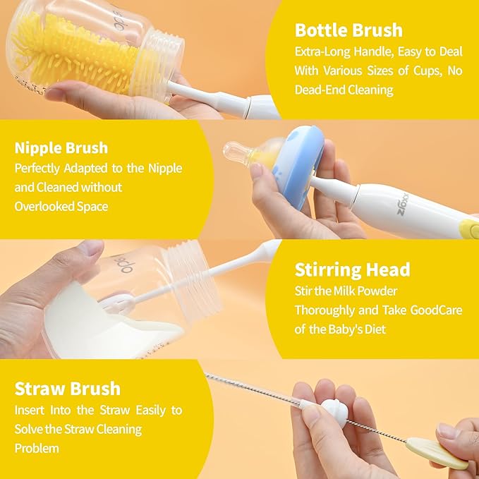 Electric Bottle Brush Cleaner New Upgrade, Portable Electric Baby Bottle Brush Cleaner for Travel, Travel Bottle Cleaner Kit with Nipple & Straw Brush, Perfect Mom Essentials After Birth Gift, Yellow