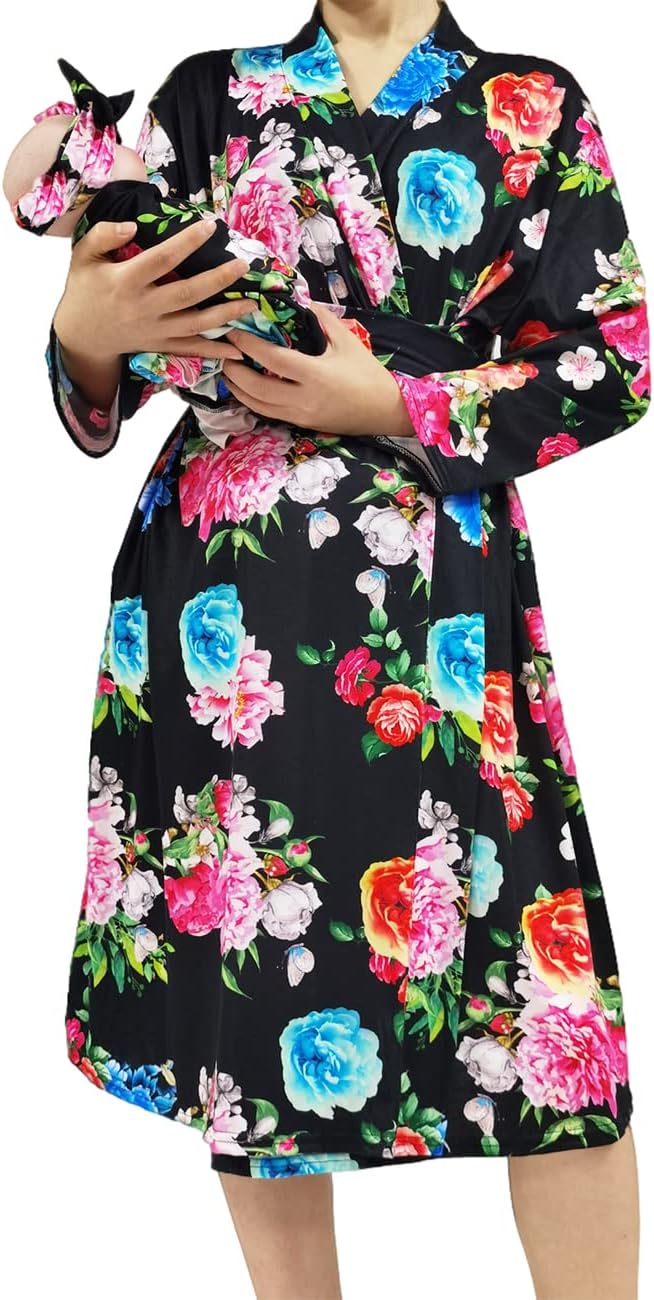 SUFEINI Maternity Robe and Matching Baby Swaddle Blanket Set, Mommy Robe - Image 2