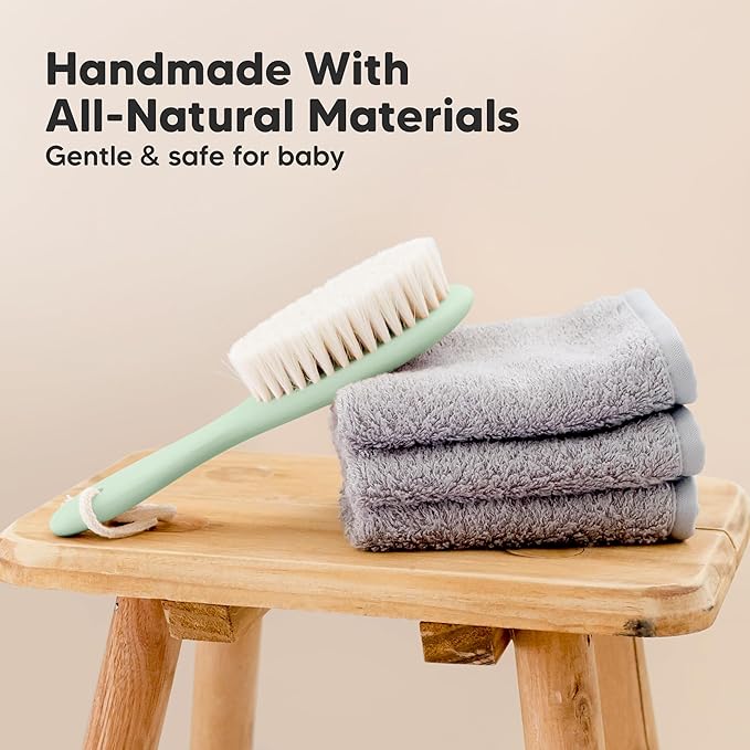 Wooden Baby Hair Brush - Cradle Cap Baby Brush with Soft Goat Bristles, Perfect Gentle Scalp Newborn Comb for Infant, Girls, Boys, Bath Essentials (Sage, Oval)