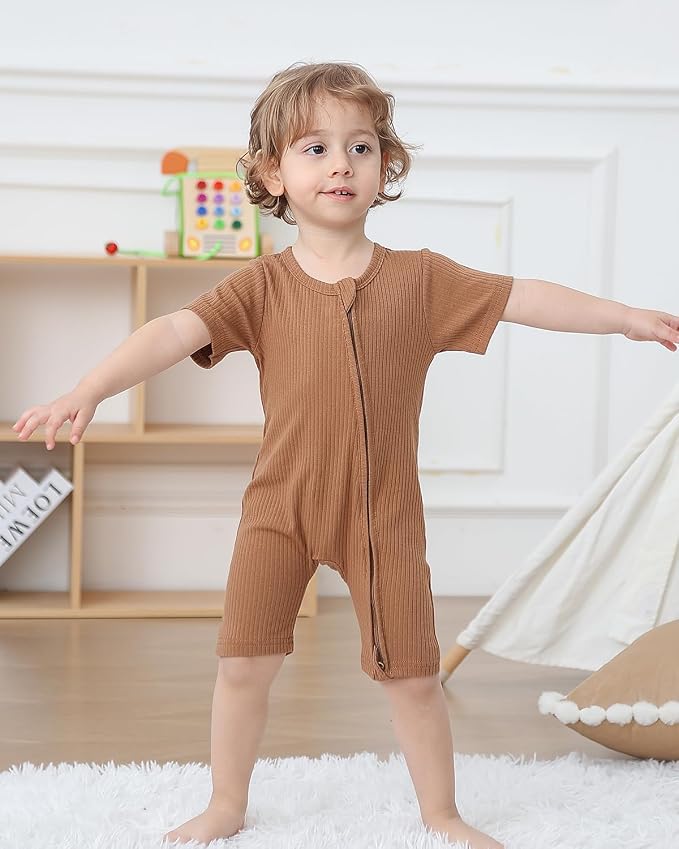 Bafeicao Baby Boy Girl 3 Pack Short Sleeve Rompers | 2 Way Zipper, Ribbed Cotton - Image 2