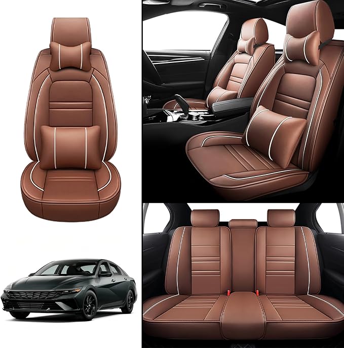 Car Seat Covers for Hyundai Car Elantra 2001-2025 | 5-Seats Seat Covers, Waterproof Seat Protectors, Automotive Seat Covers (Full Set with Pillow,Coffee)