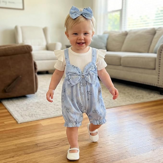 YINGISFITM Newborn Baby Girl Summer Clothes Short Sleeve Bubble Romper Bow - Image 3