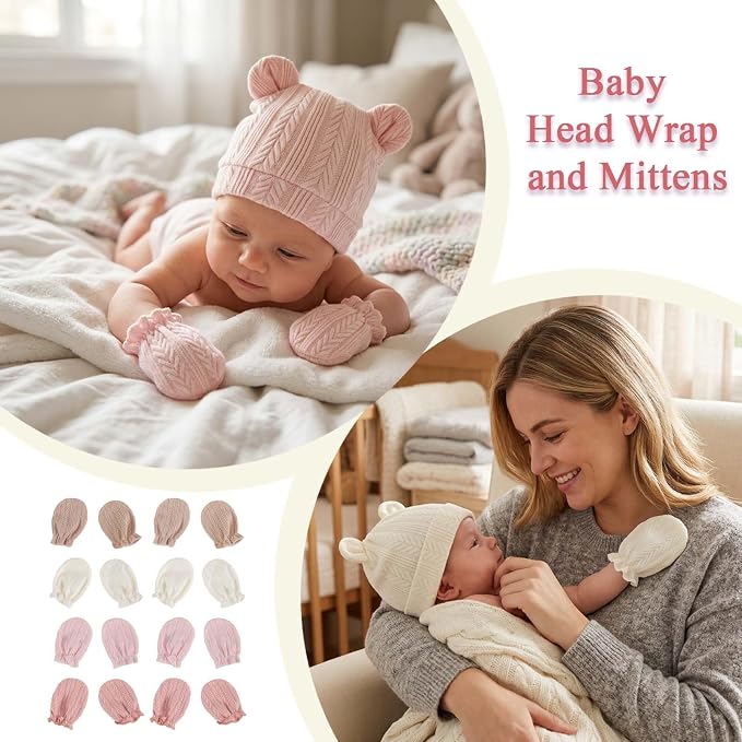 Newborn Baby Girl Hats Mittens Set Cotton - Image 5