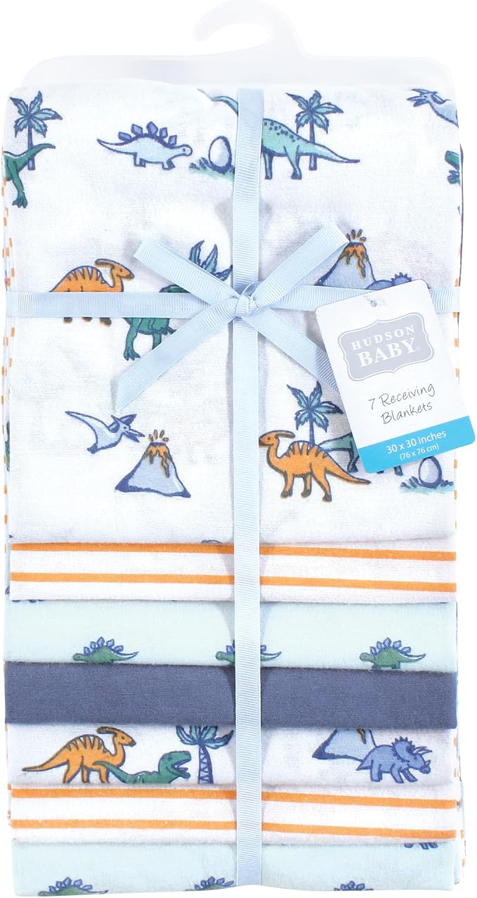 Hudson Baby Unisex Baby Cotton Flannel Receiving Blankets Bundle, Pastel Dino - Image 2