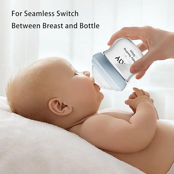 Natural Glass Baby Bottle for Breastfeeding Babies, 5.4oz Anti-Colic Baby Bottle with Natural Response Nipple(S), Clear, Wide Neck, 4 Pack, 1 Months+