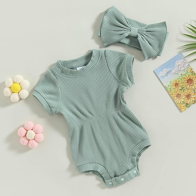 FOCUSNORM Baby Girl Summer Clothes Ribbed Short Sleeve Romper Solid Color - Image 3