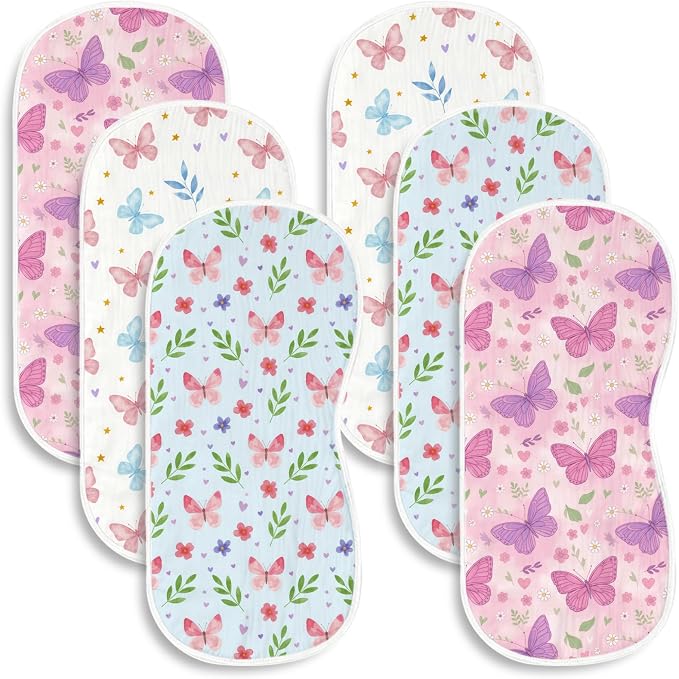 6 Pack （3×2） Butterfly Baby Burp Cloths, 20x10 Contoured Burp Rags by Spriggenix
