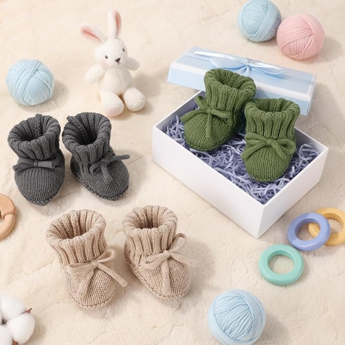 Evervibe 3 Pair Knitted Baby Booties | 100% Cotton, 0-6 Months Newborn - Image 2
