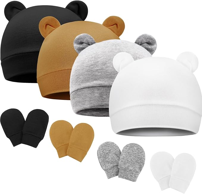 BQUBO Newborn Baby Bear Ears Hats and Mittens Sets Preemie Cotton Caps Baby Boy by DRESHOW