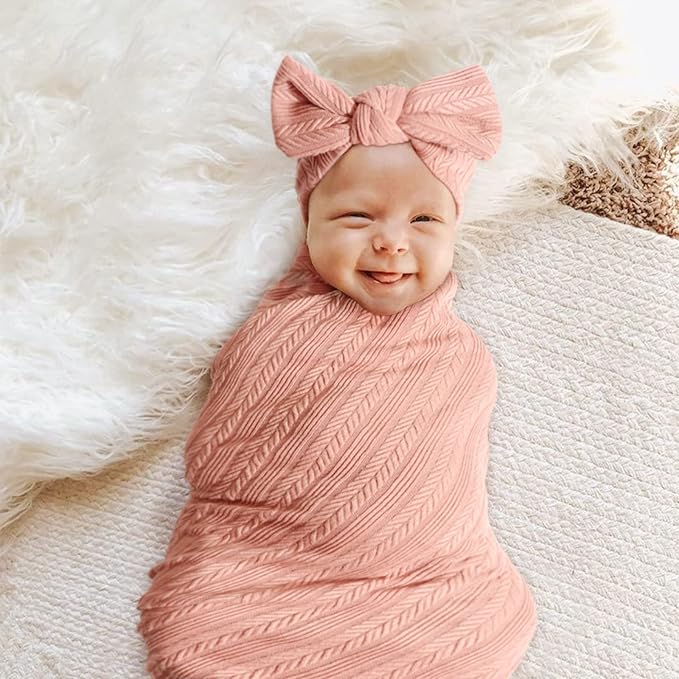 AQOKKA Newborn Receiving Blanket Wheat Ear Bow Hat Hairband Set - Image 6
